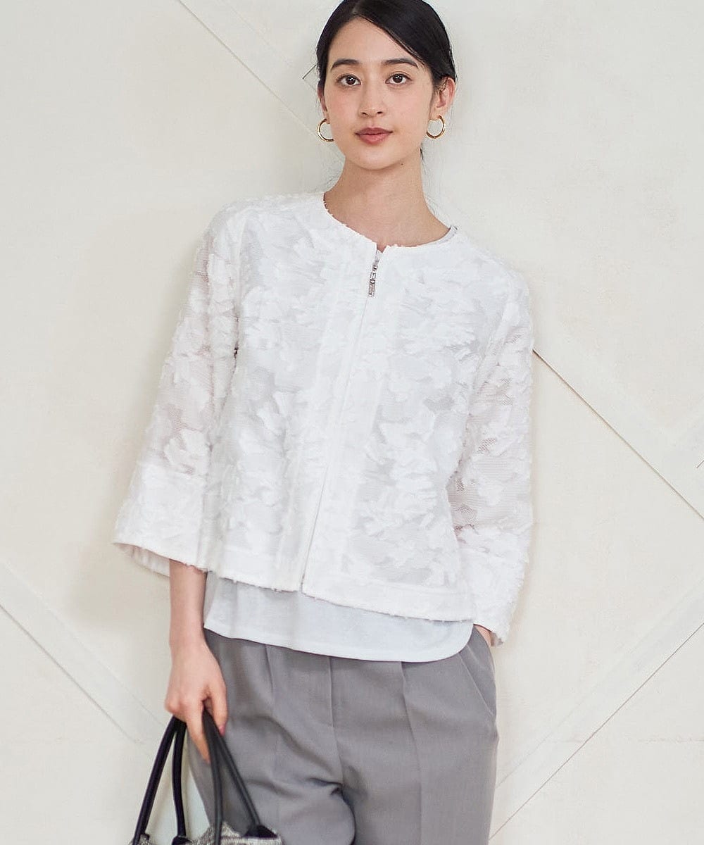 PJJGD20620 CHRISTIAN AUJARD Lサイズ(クリスチャン・オジャール Lサイズ) 【大きいサイズ】フラワーカットジャカードジャケット ホワイト