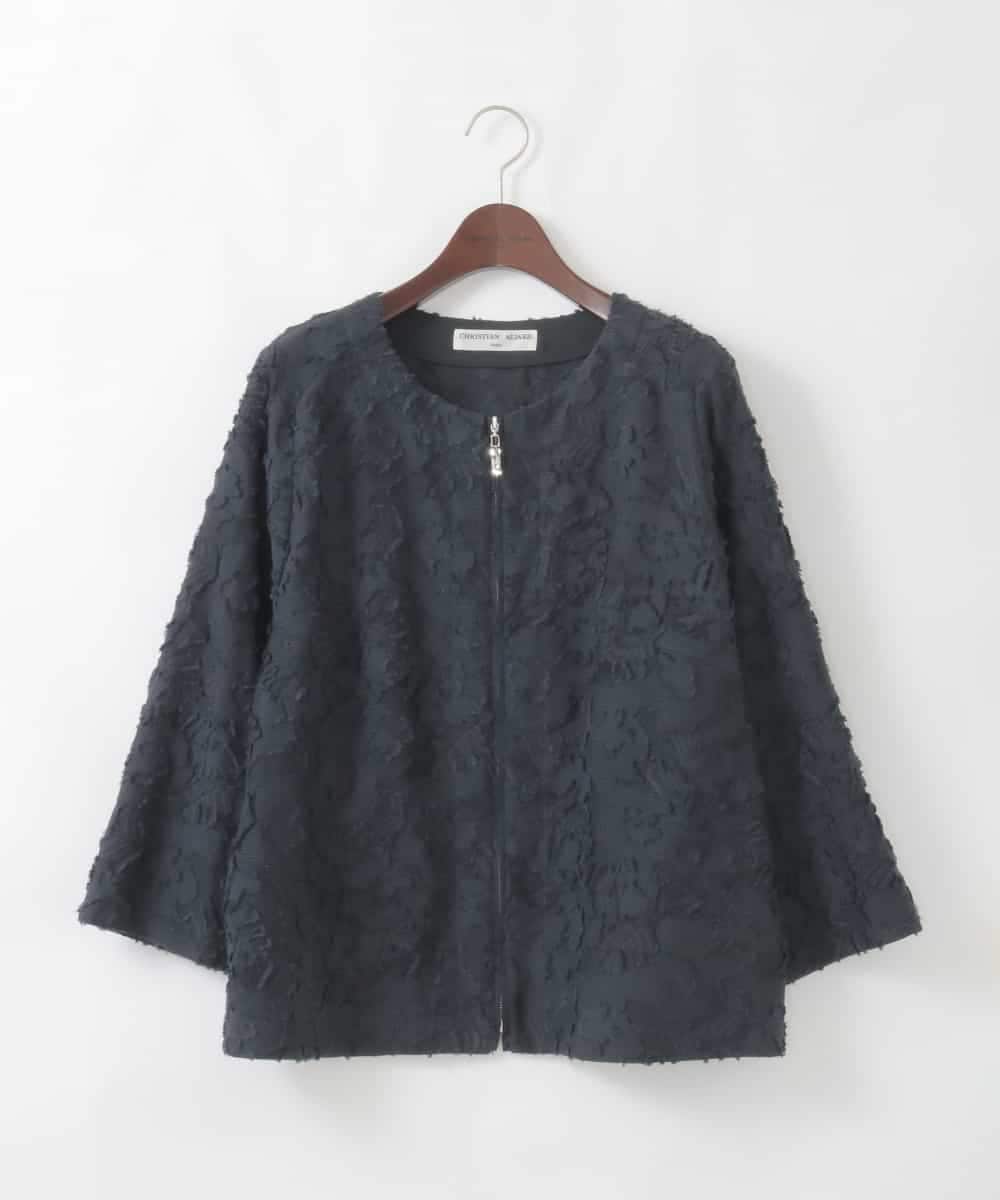 PJJGD20620 CHRISTIAN AUJARD Lサイズ(クリスチャン・オジャール Lサイズ) 【大きいサイズ】フラワーカットジャカードジャケット ネイビー