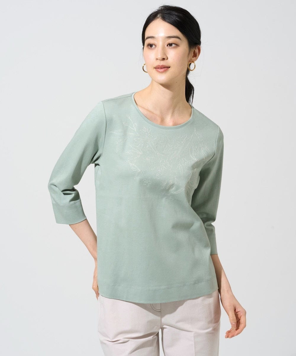 PJKGE12230 CHRISTIAN AUJARD Lサイズ(クリスチャン・オジャール Lサイズ) 【大きいサイズ】フラワー刺繍カットソー グリーン