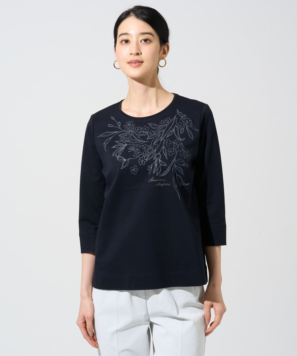 PJKGE12230 CHRISTIAN AUJARD Lサイズ(クリスチャン・オジャール Lサイズ) 【大きいサイズ】フラワー刺繍カットソー ネイビー