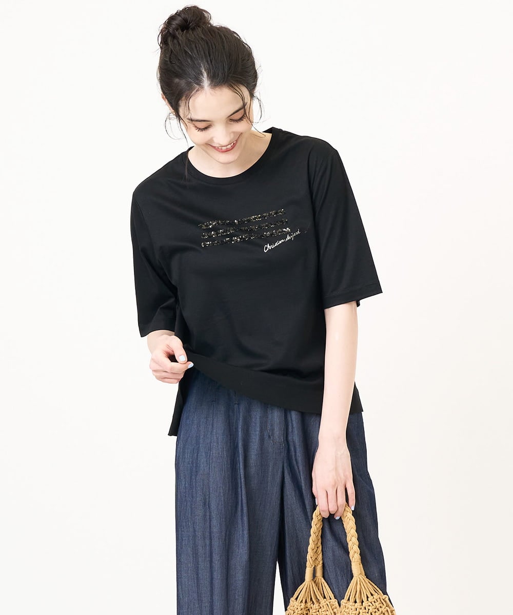 PJKJB12260 CHRISTIAN AUJARD Lサイズ(クリスチャン・オジャール Lサイズ) スパンコール刺繍Tシャツ ブラック