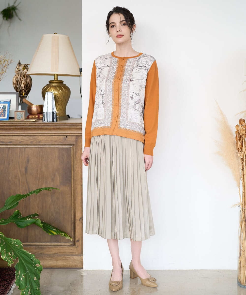 PJSAD32520 CHRISTIAN AUJARD Lサイズ(クリスチャン・オジャール Lサイズ) 【大きいサイズ/アンサンブル対応】アートプリントドッキングニットカーディガン ベージュ×オレンジ