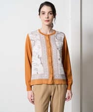 PJSAD32520 CHRISTIAN AUJARD Lサイズ(クリスチャン・オジャール Lサイズ) 【大きいサイズ/アンサンブル対応】アートプリントドッキングニットカーディガン ベージュ×オレンジ