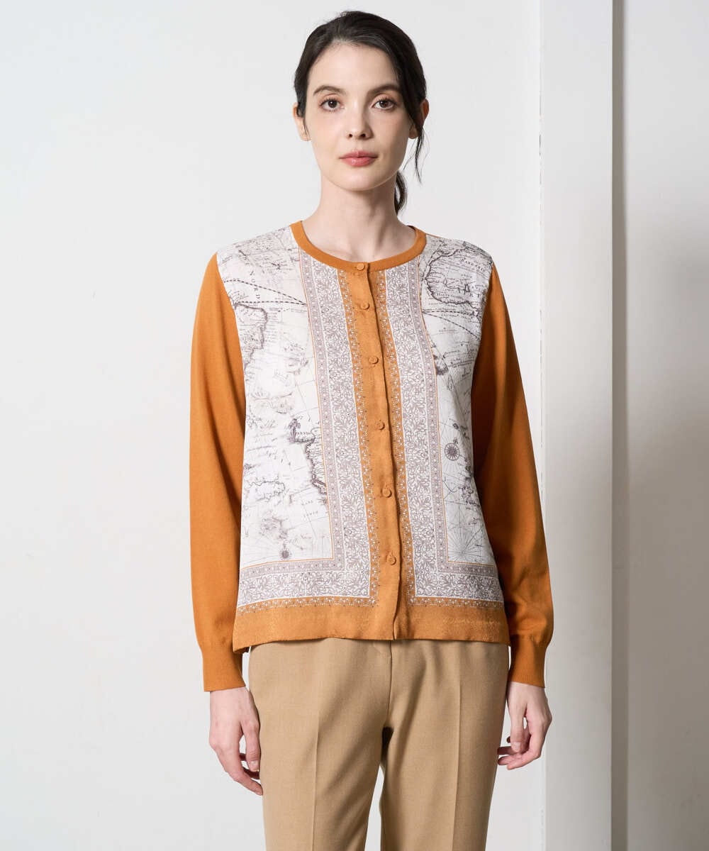 PJSAD32520 CHRISTIAN AUJARD Lサイズ(クリスチャン・オジャール Lサイズ) 【大きいサイズ/アンサンブル対応】アートプリントドッキングニットカーディガン ベージュ×オレンジ