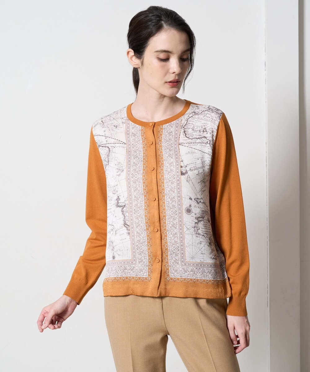 PJSAD32520 CHRISTIAN AUJARD Lサイズ(クリスチャン・オジャール Lサイズ) 【大きいサイズ/アンサンブル対応】アートプリントドッキングニットカーディガン ベージュ×オレンジ