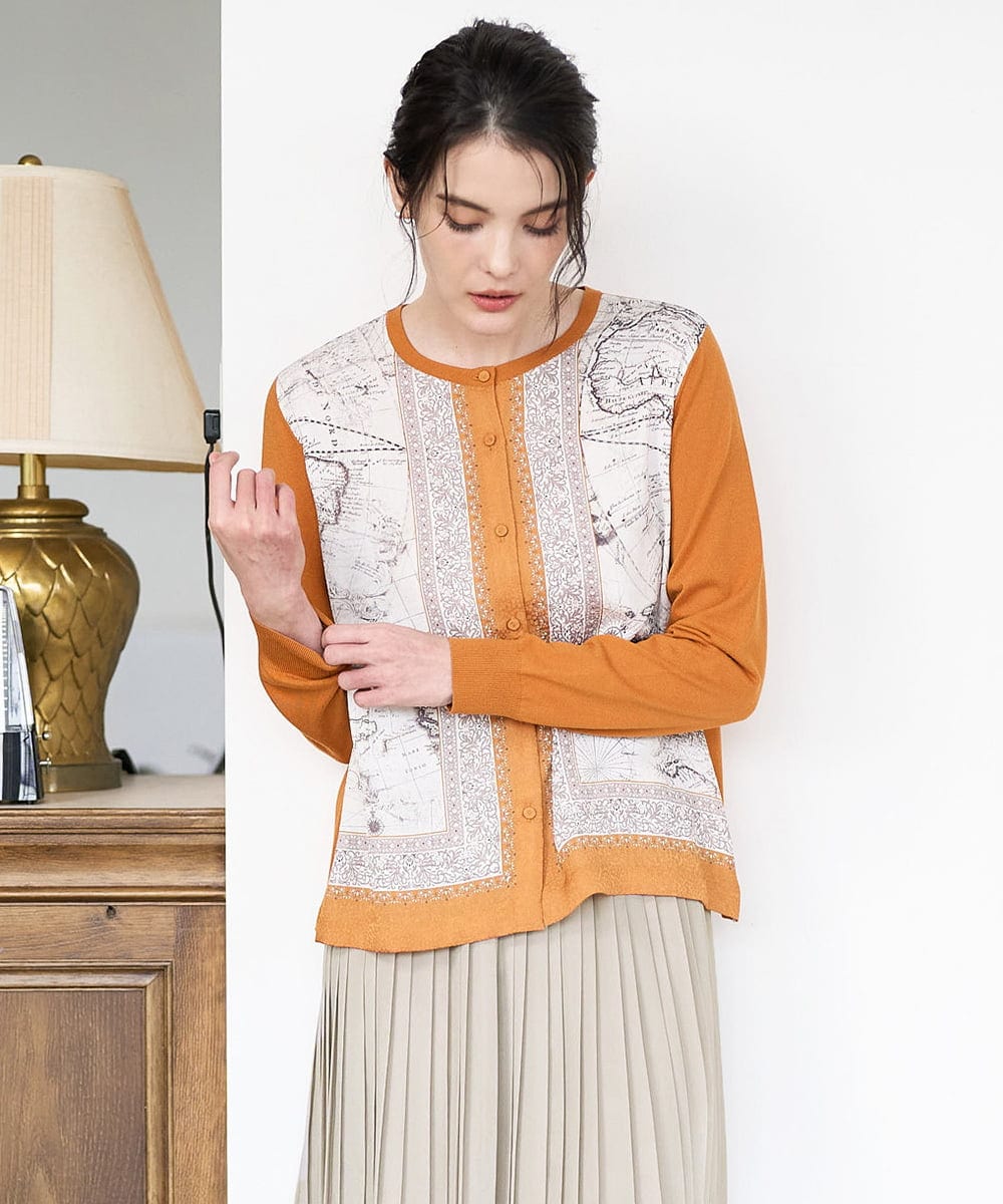 PJSAD32520 CHRISTIAN AUJARD Lサイズ(クリスチャン・オジャール Lサイズ) 【大きいサイズ/アンサンブル対応】アートプリントドッキングニットカーディガン ベージュ×オレンジ