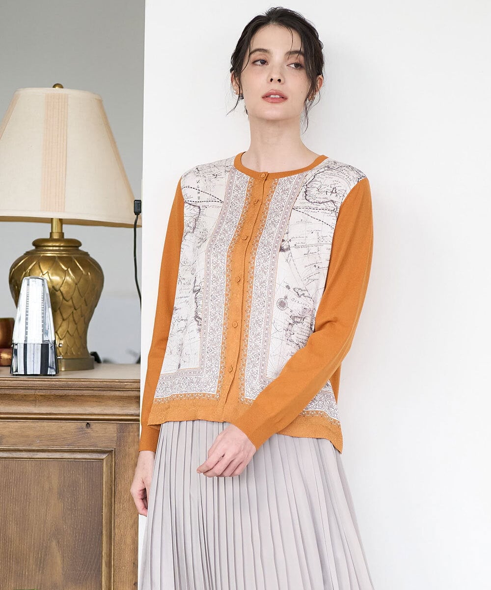 PJSAD32520 CHRISTIAN AUJARD Lサイズ(クリスチャン・オジャール Lサイズ) 【大きいサイズ/アンサンブル対応】アートプリントドッキングニットカーディガン ベージュ×オレンジ