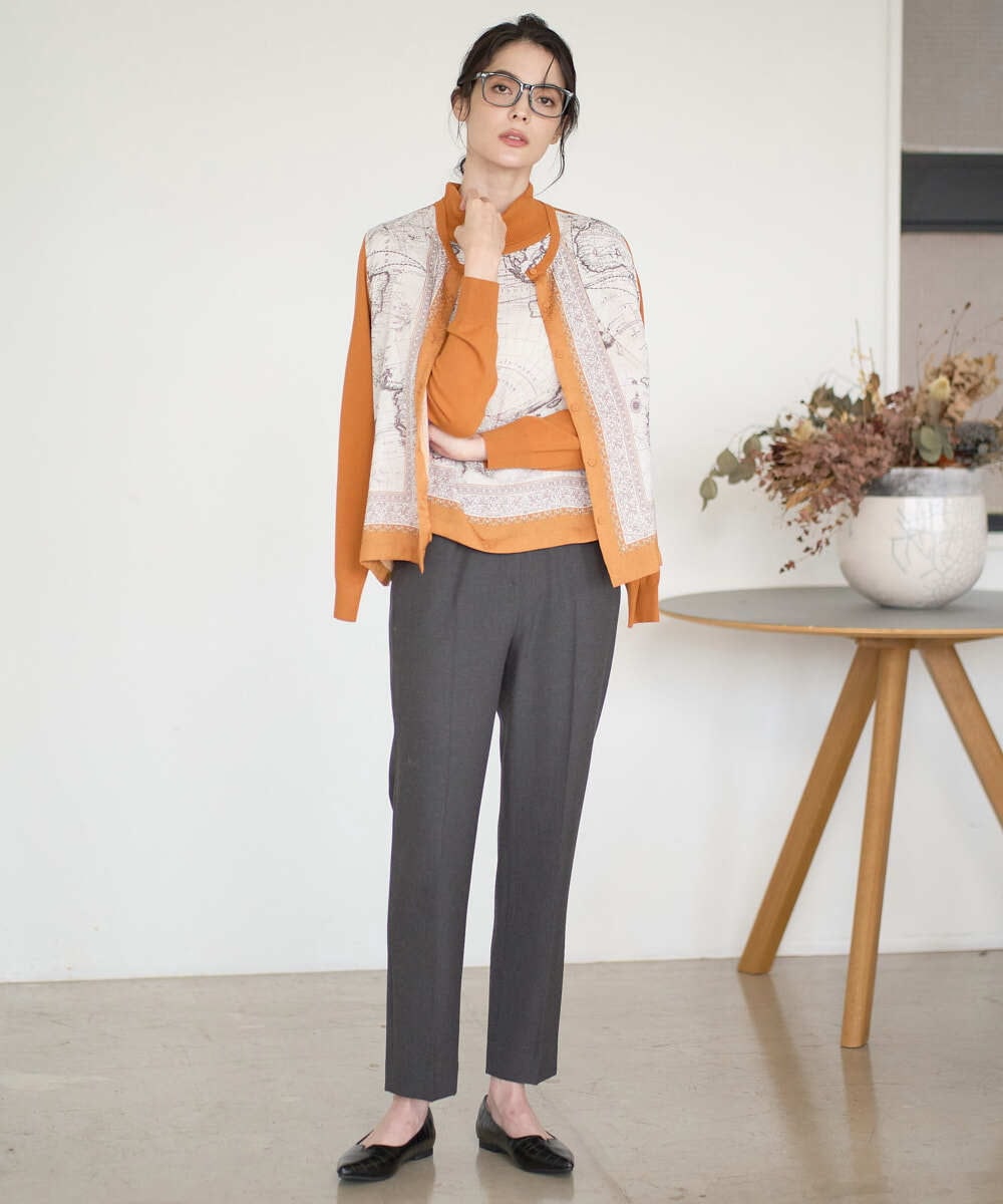 PJSAD32520 CHRISTIAN AUJARD Lサイズ(クリスチャン・オジャール Lサイズ) 【大きいサイズ/アンサンブル対応】アートプリントドッキングニットカーディガン ベージュ×オレンジ