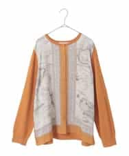 PJSAD32520 CHRISTIAN AUJARD Lサイズ(クリスチャン・オジャール Lサイズ) 【大きいサイズ/アンサンブル対応】アートプリントドッキングニットカーディガン ベージュ×オレンジ