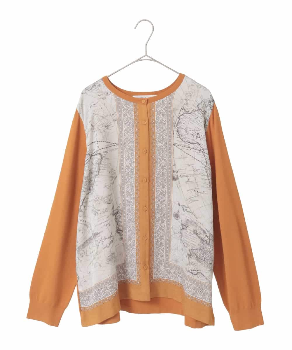 PJSAD32520 CHRISTIAN AUJARD Lサイズ(クリスチャン・オジャール Lサイズ) 【大きいサイズ/アンサンブル対応】アートプリントドッキングニットカーディガン ベージュ×オレンジ