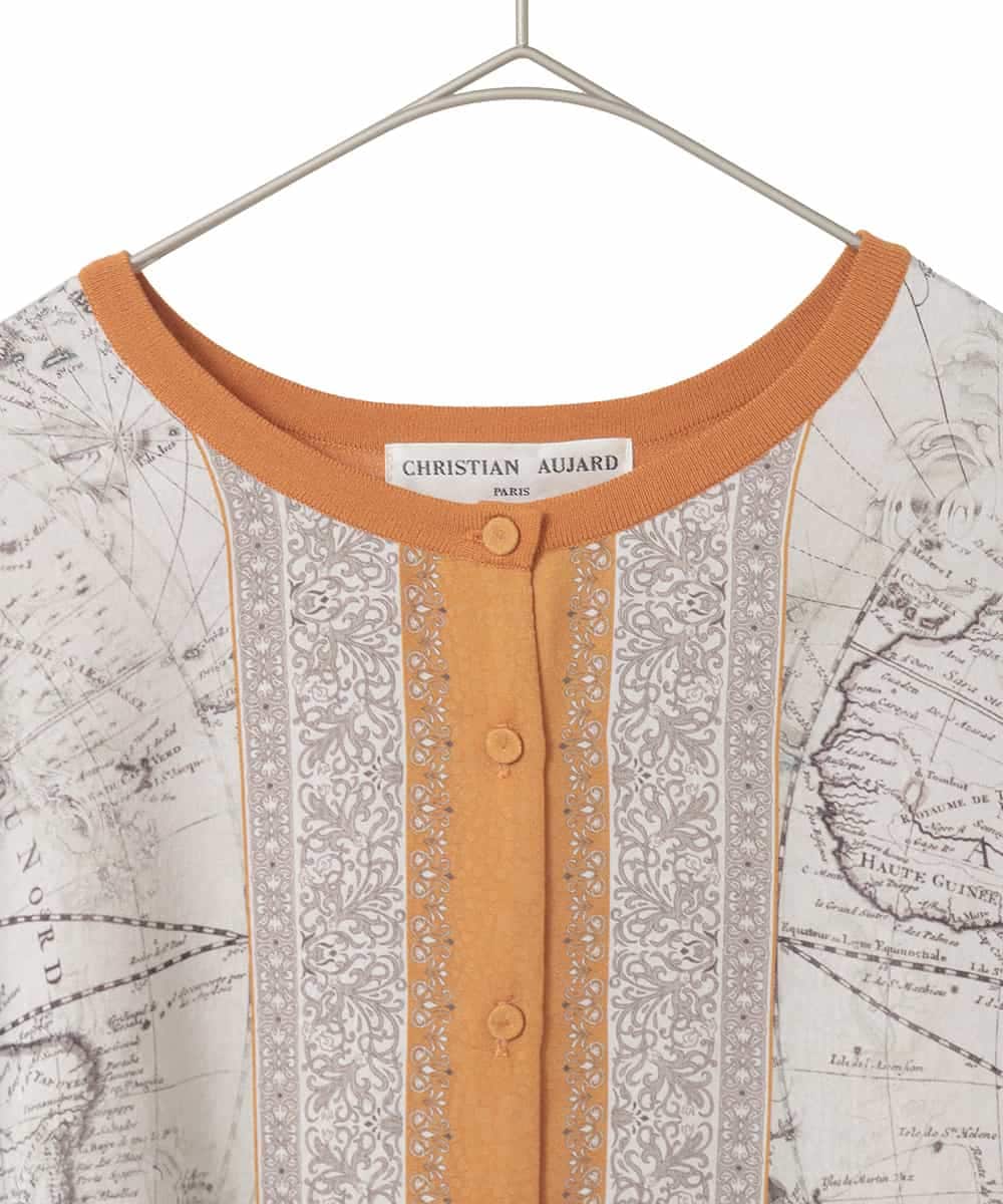 PJSAD32520 CHRISTIAN AUJARD Lサイズ(クリスチャン・オジャール Lサイズ) 【大きいサイズ/アンサンブル対応】アートプリントドッキングニットカーディガン ベージュ×オレンジ