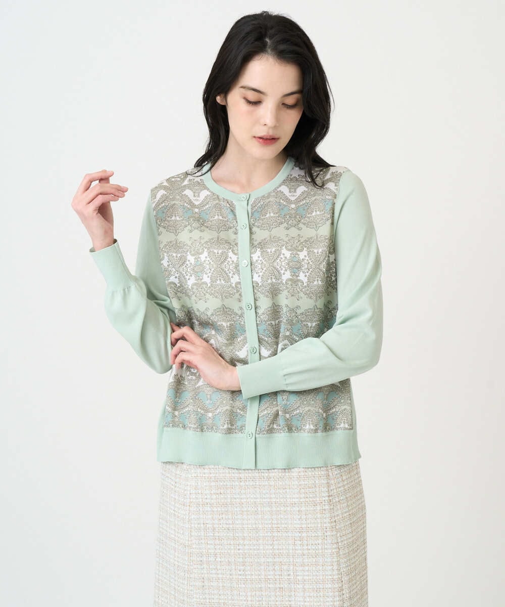 PJSEE03520 CHRISTIAN AUJARD Lサイズ(クリスチャン・オジャール Lサイズ) 【大きいサイズ/アンサンブル対応】レーシーオーナメントプリントカーディガン グリーン