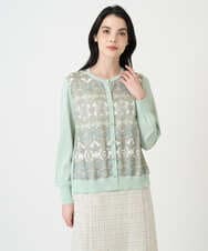 PJSEE03520 CHRISTIAN AUJARD Lサイズ(クリスチャン・オジャール Lサイズ) 【大きいサイズ/アンサンブル対応】レーシーオーナメントプリントカーディガン グリーン