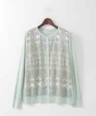 PJSEE03520 CHRISTIAN AUJARD Lサイズ(クリスチャン・オジャール Lサイズ) 【大きいサイズ/アンサンブル対応】レーシーオーナメントプリントカーディガン グリーン