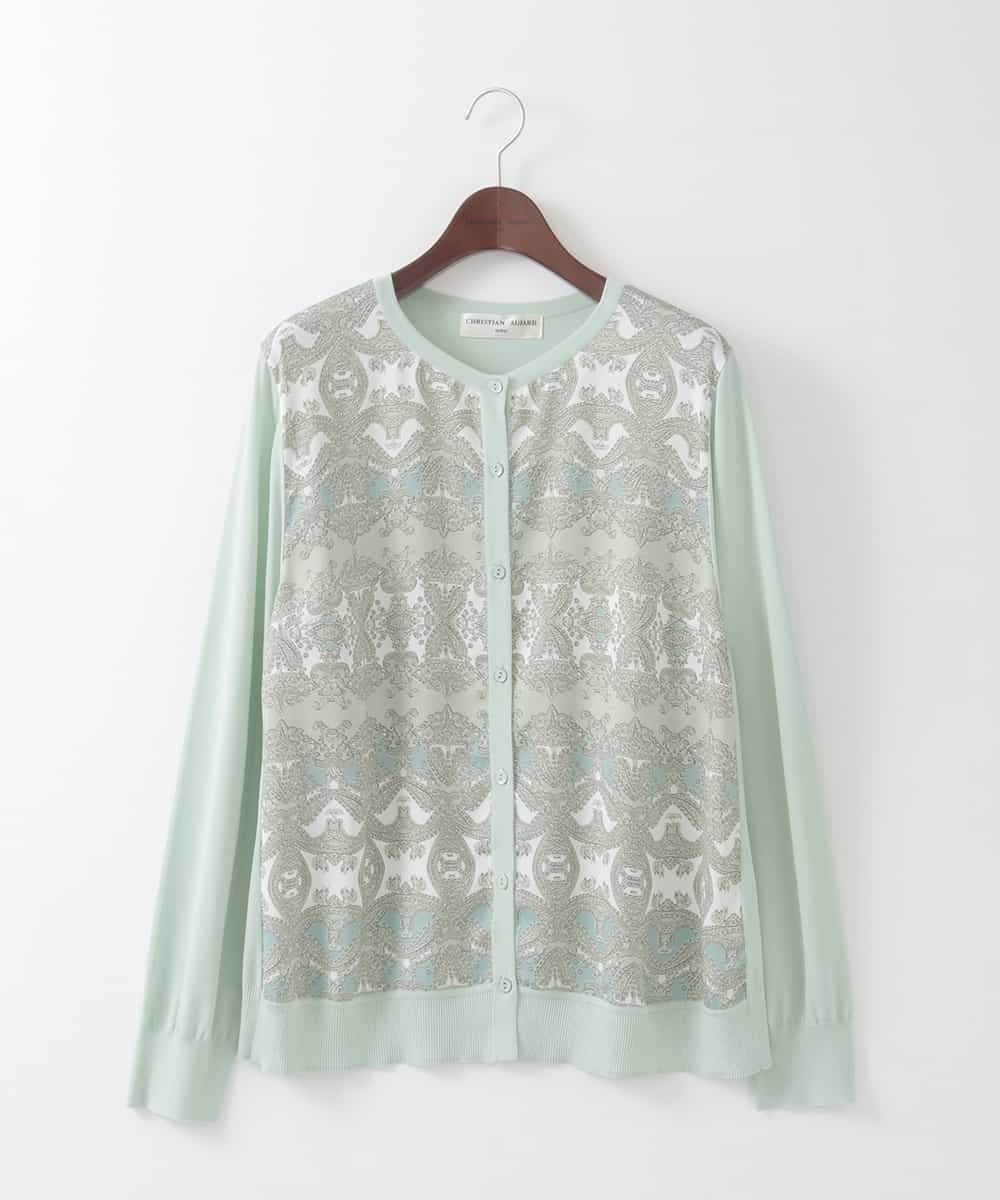 PJSEE03520 CHRISTIAN AUJARD Lサイズ(クリスチャン・オジャール Lサイズ) 【大きいサイズ/アンサンブル対応】レーシーオーナメントプリントカーディガン グリーン