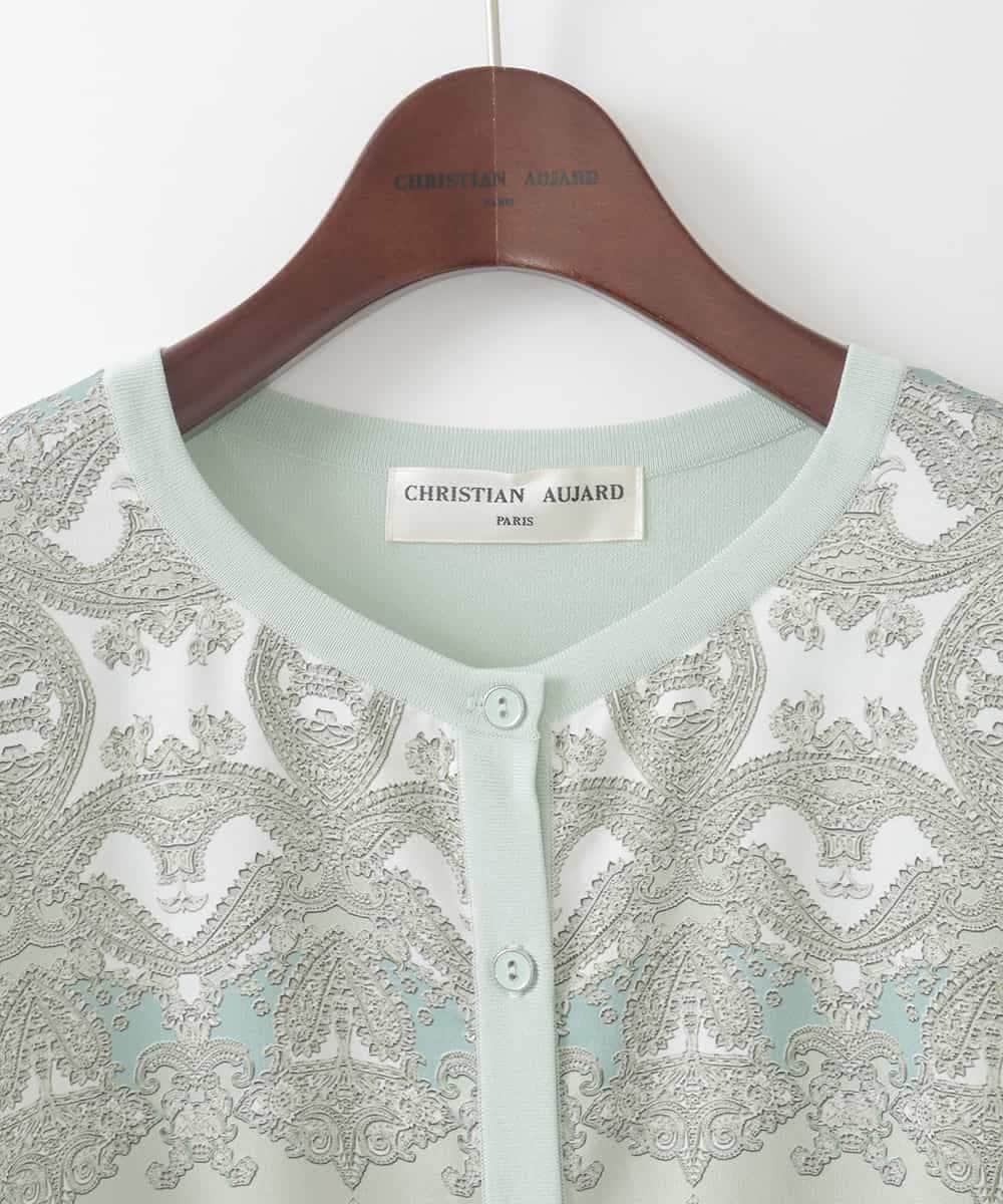PJSEE03520 CHRISTIAN AUJARD Lサイズ(クリスチャン・オジャール Lサイズ) 【大きいサイズ/アンサンブル対応】レーシーオーナメントプリントカーディガン グリーン