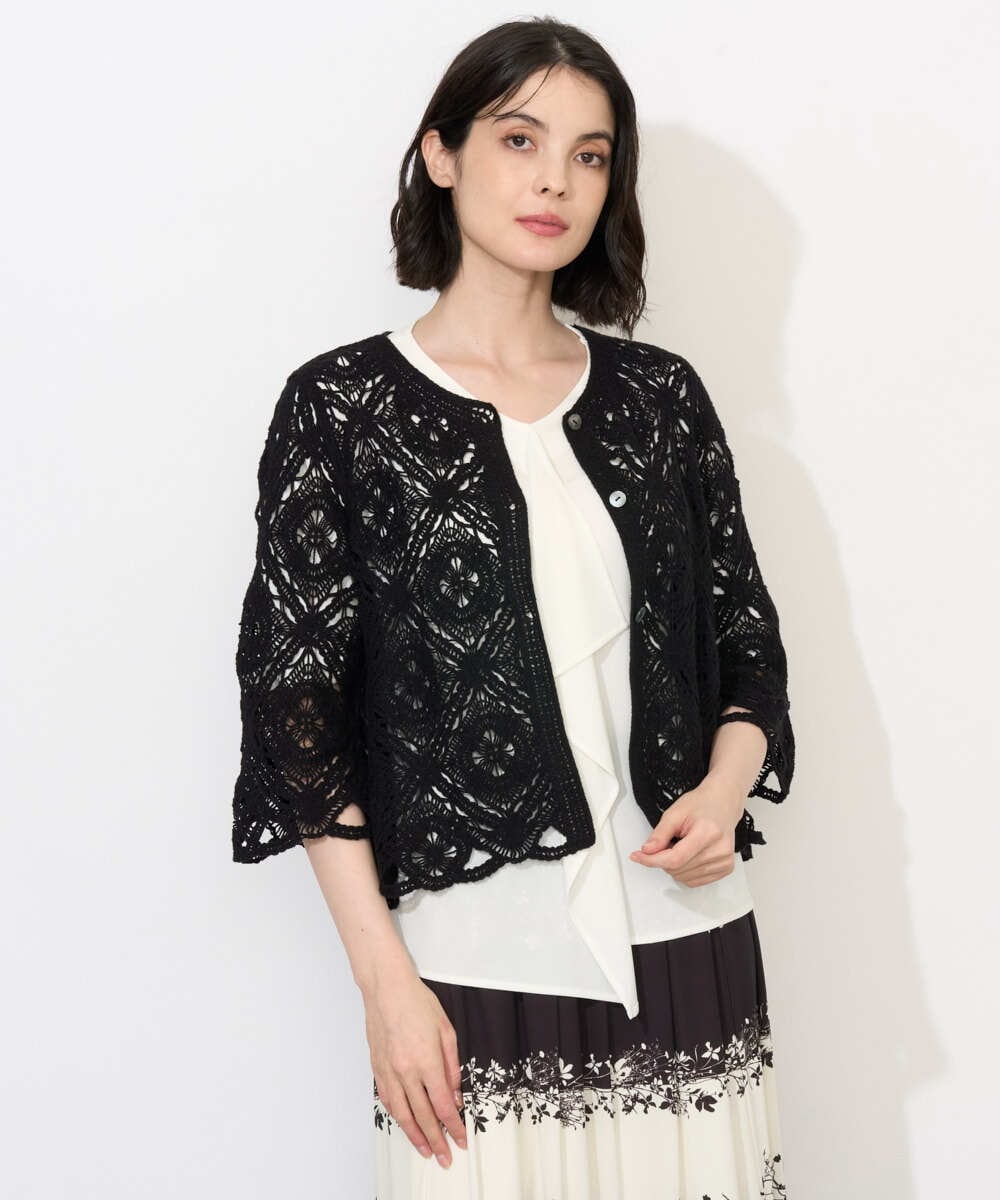PJSJE42530 CHRISTIAN AUJARD Lサイズ(クリスチャン・オジャール Lサイズ) 【大きいサイズ】コットンクロッシェ風羽織り ブラック