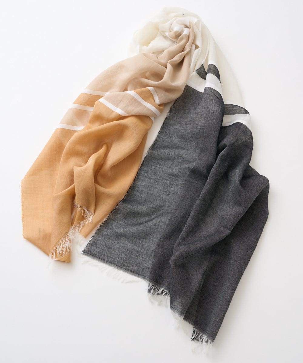 PL3GD22190 CHRISTIAN AUJARD(クリスチャン・オジャール) バイカラーサテンボーダーストール キャメル×ブラック