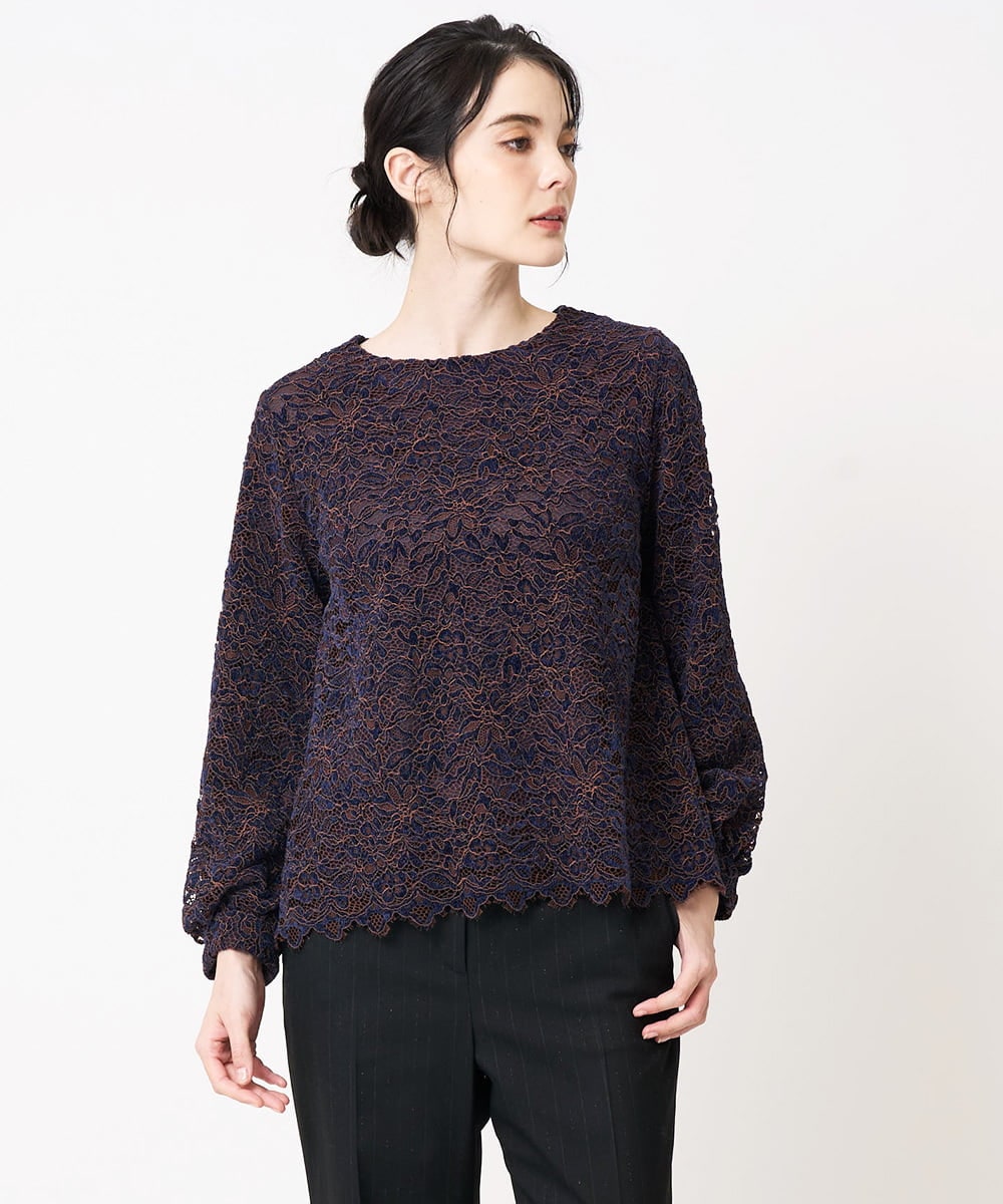 PRBCD03390 CHRISTIAN AUJARD(クリスチャン・オジャール) フラワーモールレースブラウス ネイビー系