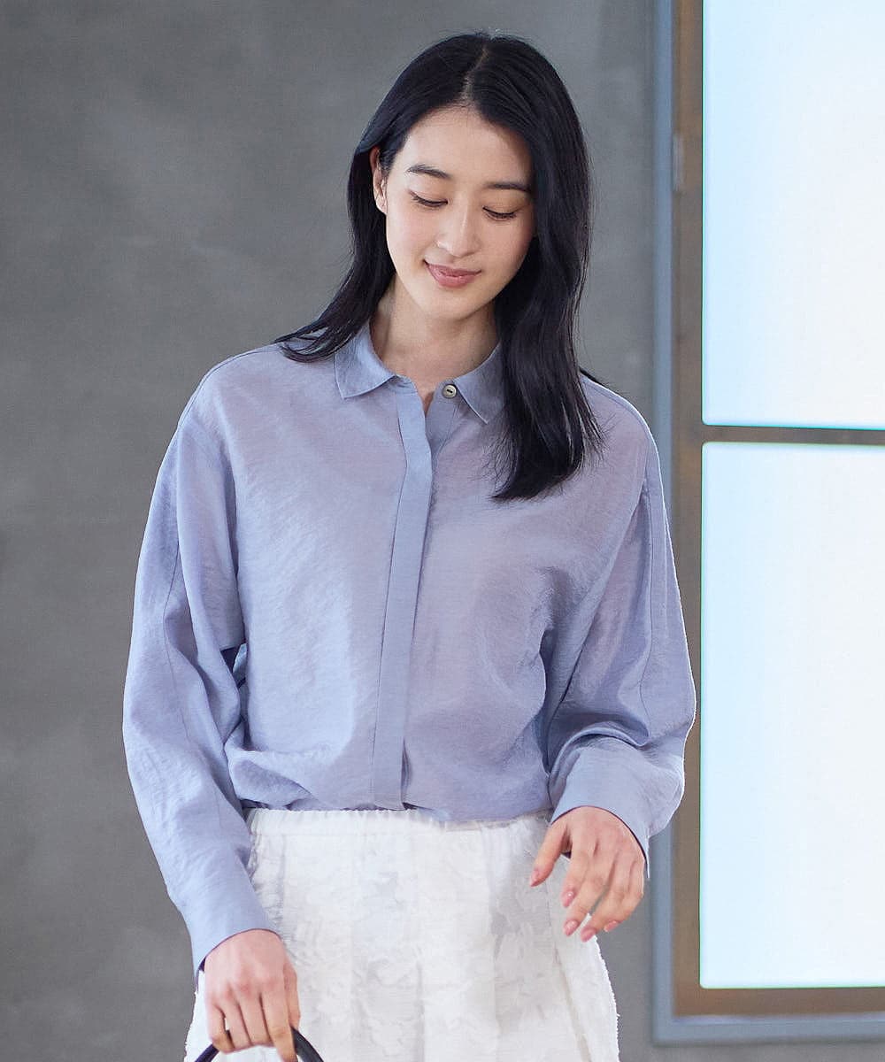 PRBGD23350 CHRISTIAN AUJARD(クリスチャン・オジャール) シルク混シャイニーブラウス ライトブルー