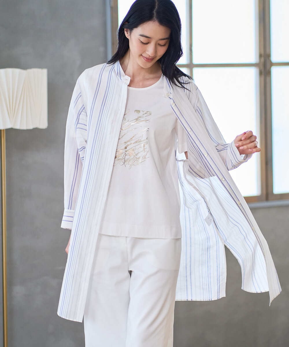 PRBGD40430 CHRISTIAN AUJARD(クリスチャン・オジャール) ドビーストライプロングブラウス ブルー系