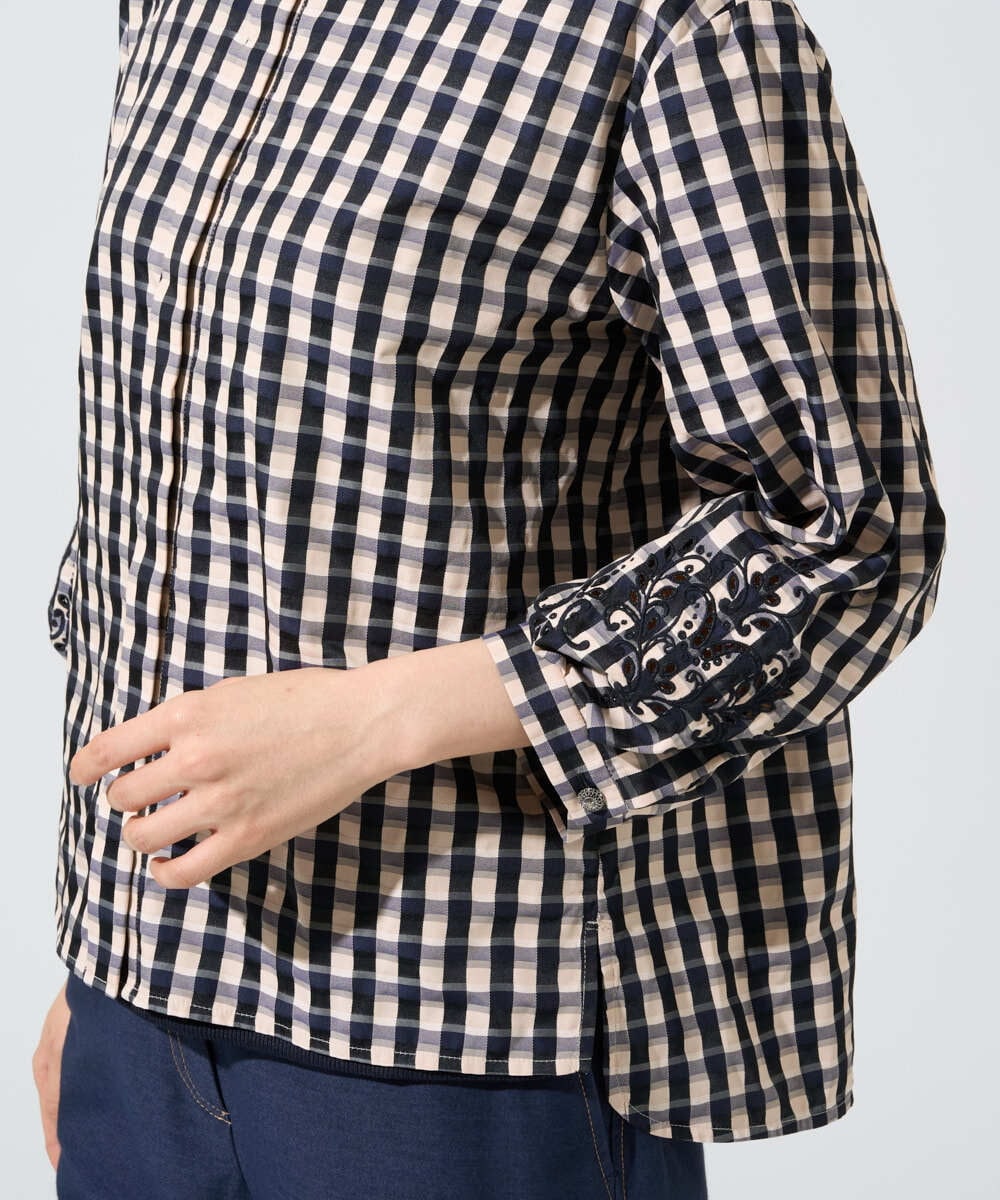 PRBGE09490 CHRISTIAN AUJARD(クリスチャン・オジャール) [セットアップ対応]シャンブレーチェックブラウス オレンジ×ネイビー系