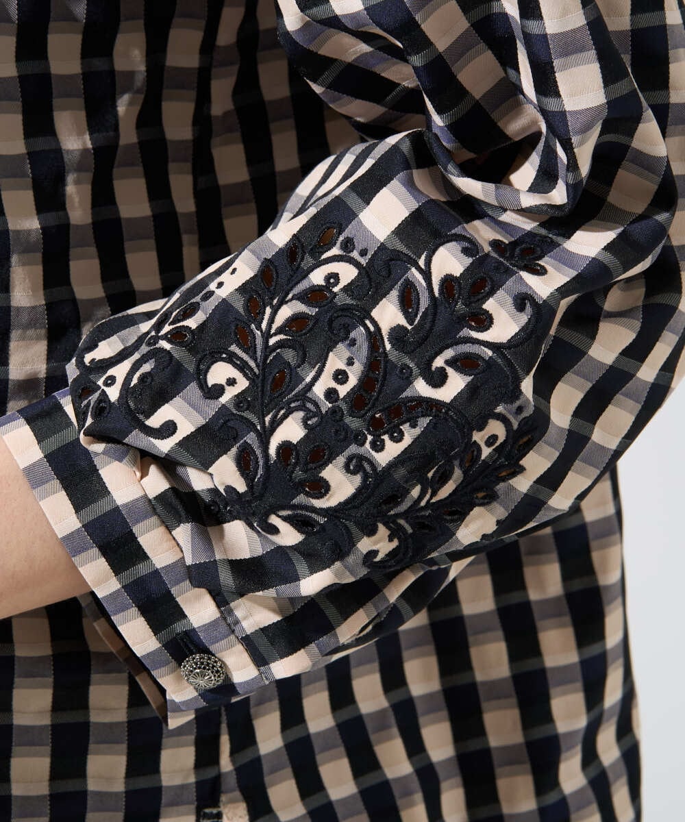 PRBGE09490 CHRISTIAN AUJARD(クリスチャン・オジャール) [セットアップ対応]シャンブレーチェックブラウス オレンジ×ネイビー系