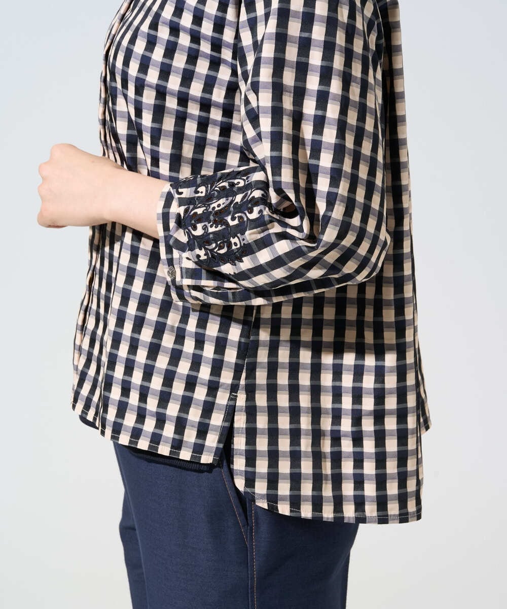 PRBGE09490 CHRISTIAN AUJARD(クリスチャン・オジャール) [セットアップ対応]シャンブレーチェックブラウス オレンジ×ネイビー系