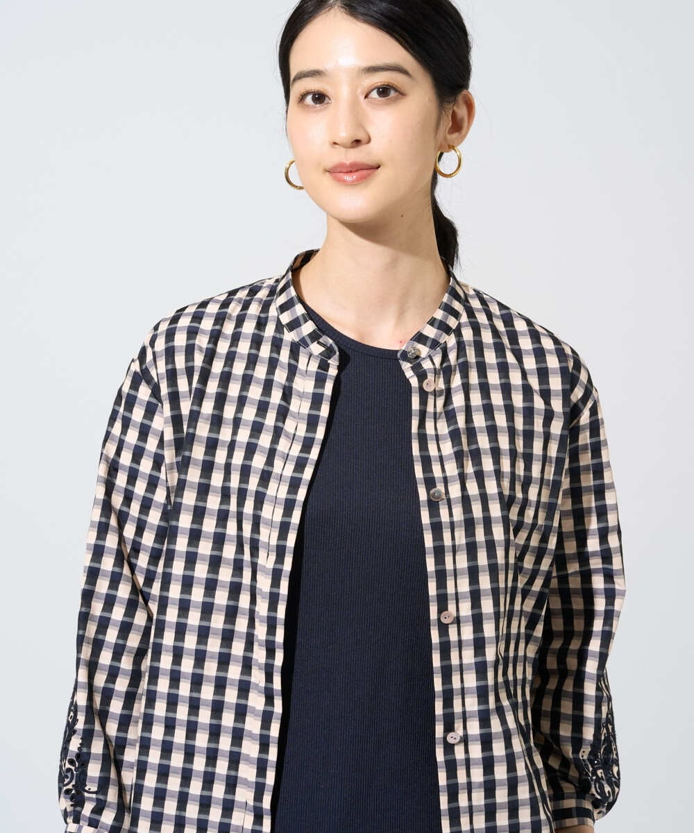 PRBGE09490 CHRISTIAN AUJARD(クリスチャン・オジャール) [セットアップ対応]シャンブレーチェックブラウス オレンジ×ネイビー系