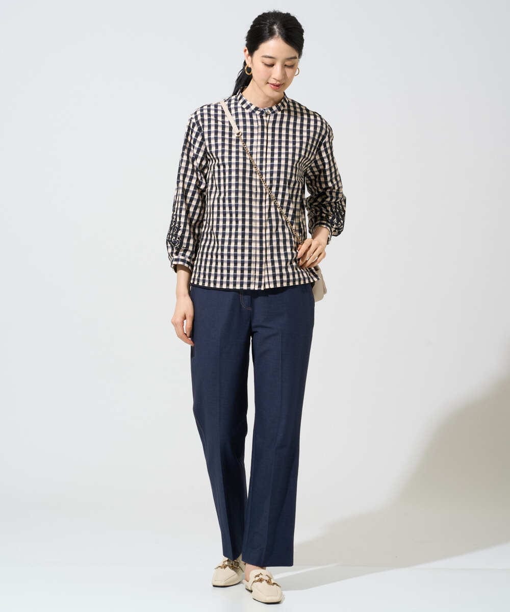 PRBGE09490 CHRISTIAN AUJARD(クリスチャン・オジャール) [セットアップ対応]シャンブレーチェックブラウス オレンジ×ネイビー系