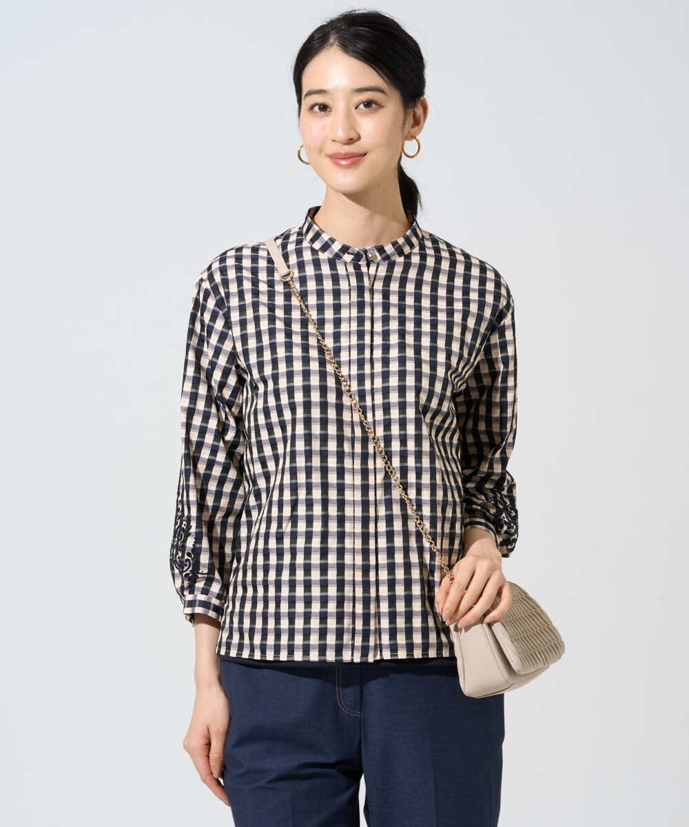 PRBGE09490 CHRISTIAN AUJARD(クリスチャン・オジャール) [セットアップ対応]シャンブレーチェックブラウス オレンジ×ネイビー系