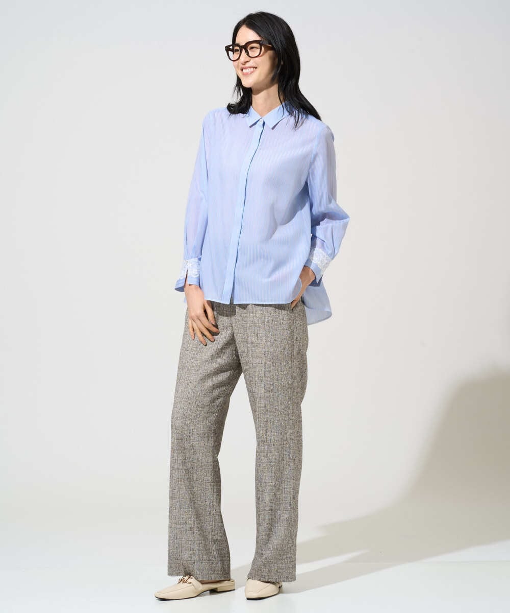 PRBGE15360 CHRISTIAN AUJARD(クリスチャン・オジャール) 袖レースストライプブラウス ライトブルー