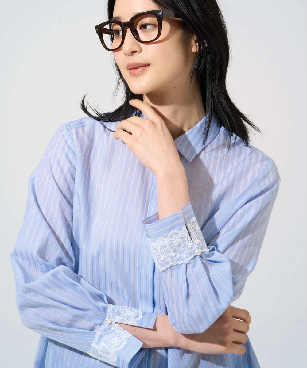 PRBGE15360 CHRISTIAN AUJARD(クリスチャン・オジャール) 袖レースストライプブラウス ライトブルー