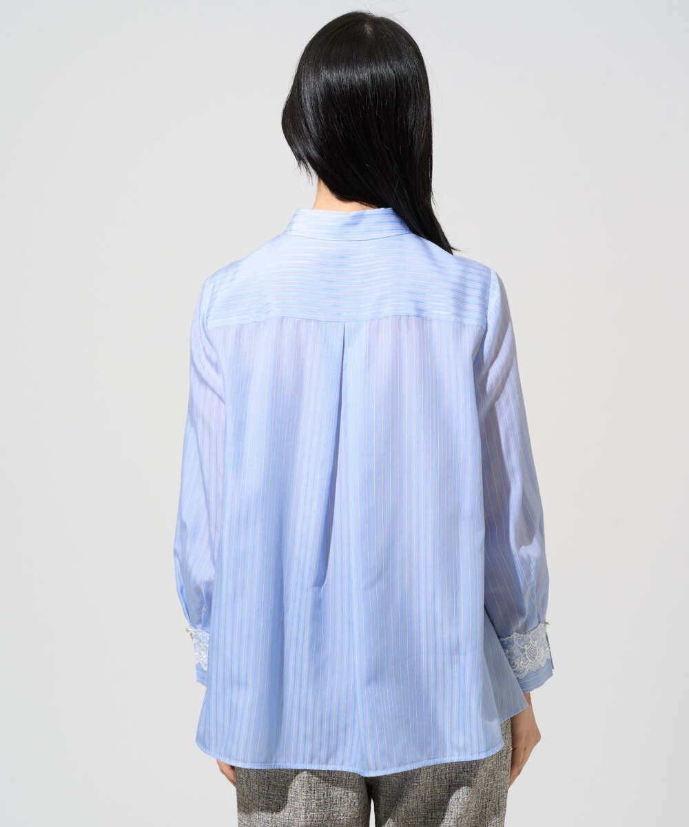 PRBGE15360 CHRISTIAN AUJARD(クリスチャン・オジャール) 袖レースストライプブラウス ライトブルー