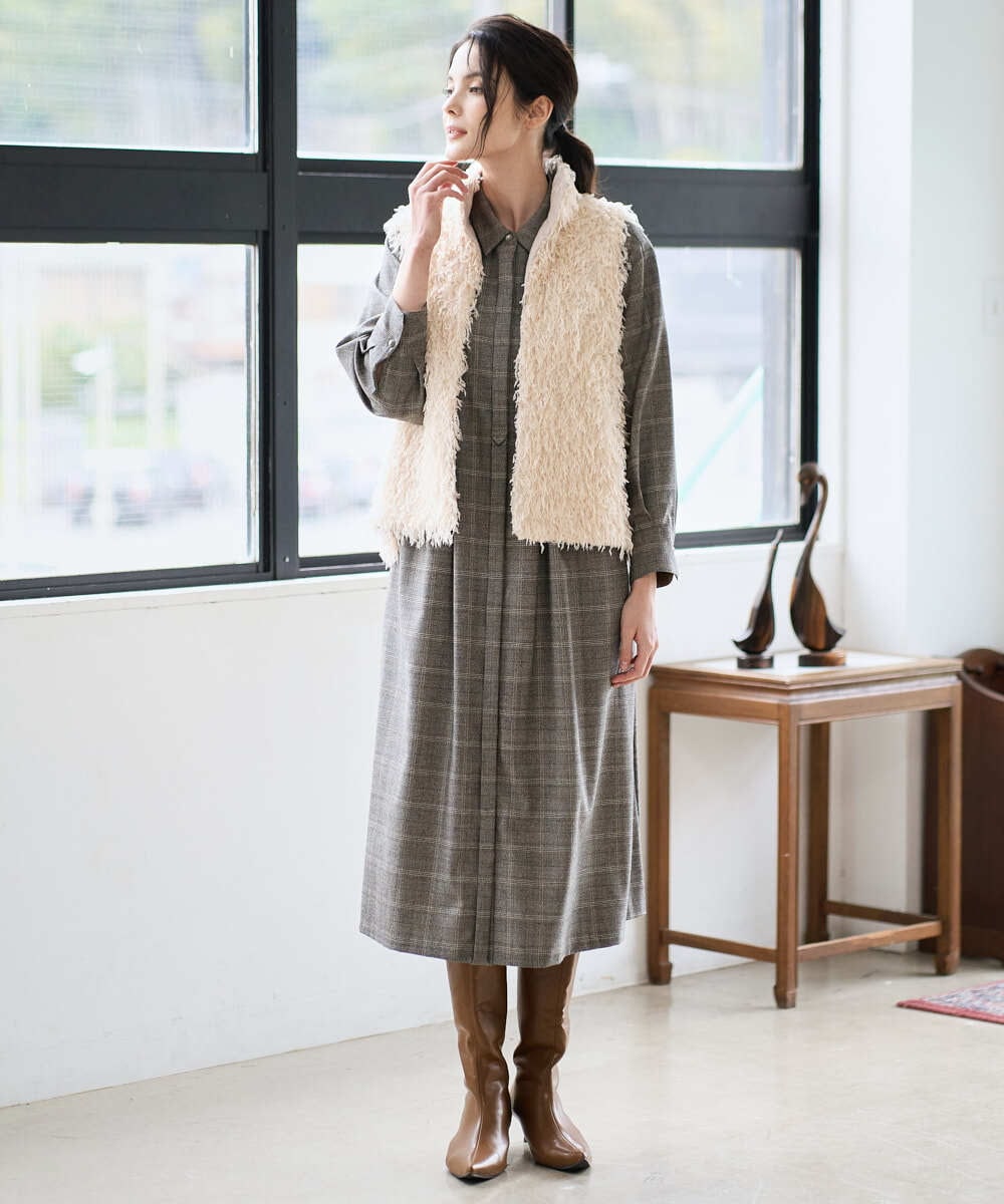 PREAD31720 CHRISTIAN AUJARD(クリスチャン・オジャール) グレンチェックワンピース ブラウン系