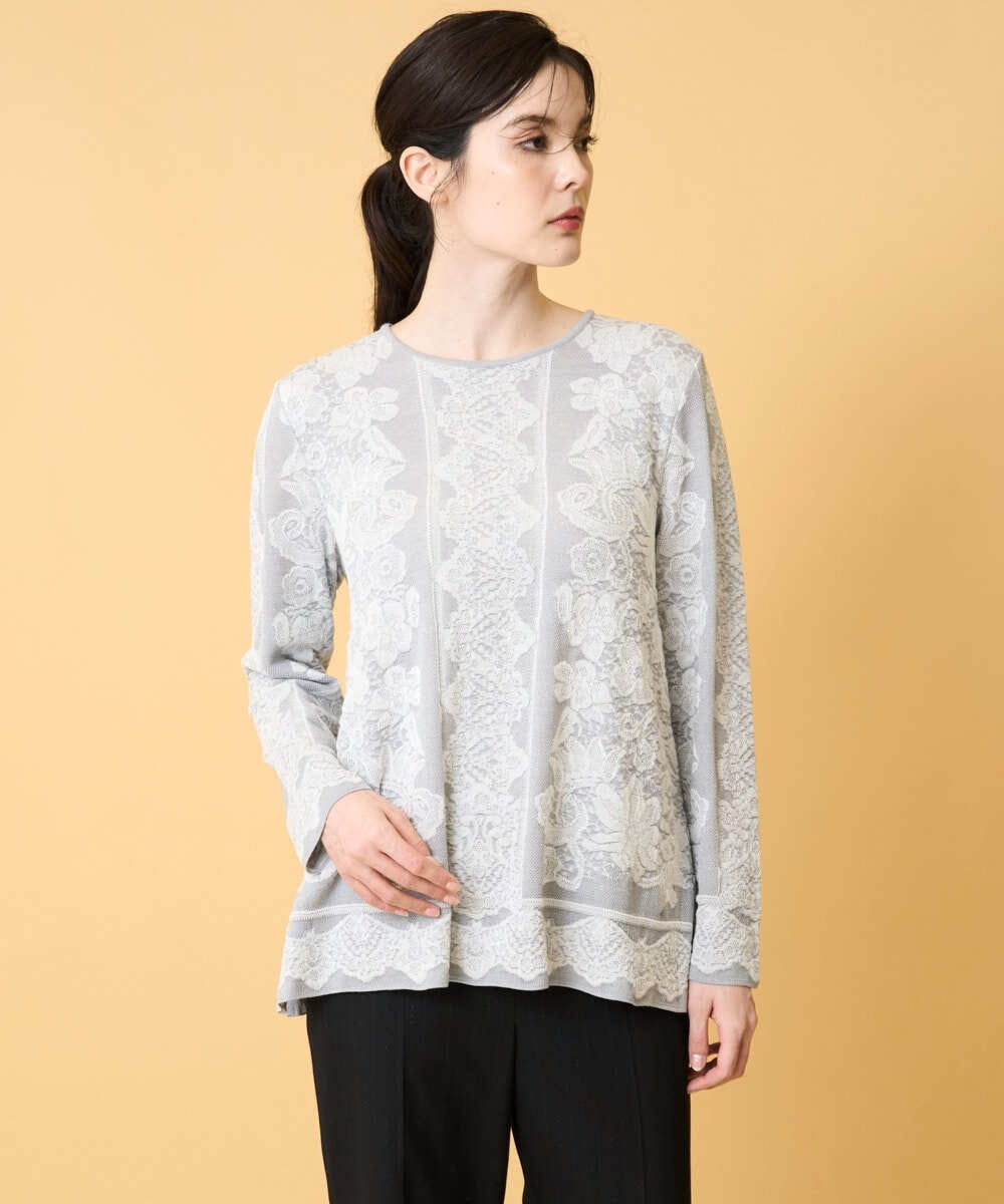 PRFCD08390 CHRISTIAN AUJARD(クリスチャン・オジャール) レーシージャガードニットプルオーバー ライトグレー