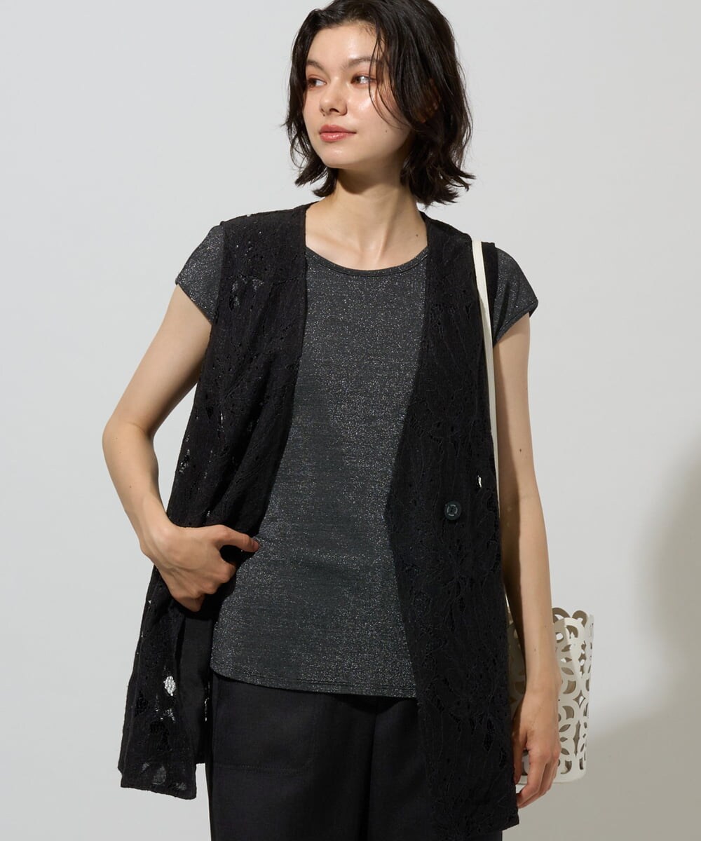新品⭐︎早い者勝ち(´ ꒳ `๑)ELLIE スリーブレスコート／ジレ　BLACK セットアップ対応]リーフレースジレ(ベスト・ジレ) | CHRISTIAN AUJARD