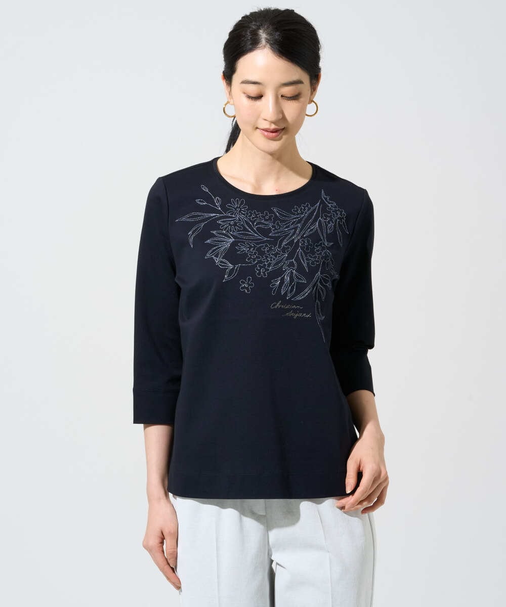 PRKGE12200 CHRISTIAN AUJARD(クリスチャン・オジャール) フラワー刺繍カットソー ネイビー
