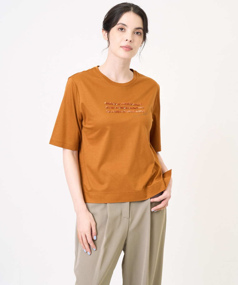 PRKJB12230 CHRISTIAN AUJARD(クリスチャン・オジャール) スパンコール刺繍Tシャツ ブラウン