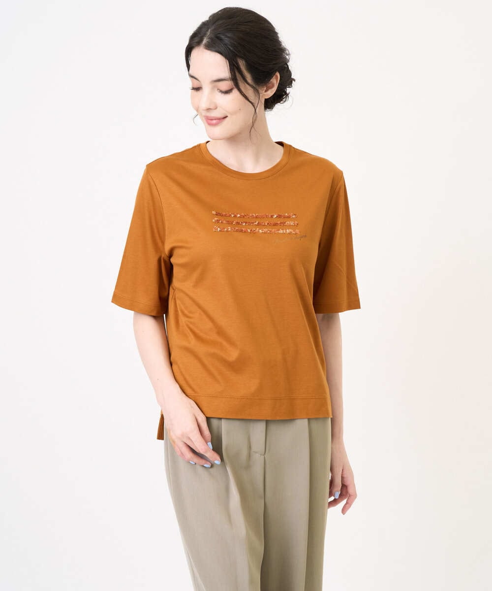 PRKJB12230 CHRISTIAN AUJARD(クリスチャン・オジャール) スパンコール刺繍Tシャツ ブラウン