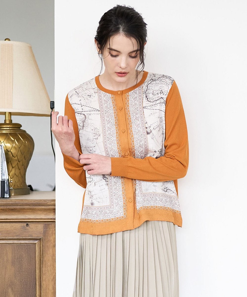 PRSAD32490 CHRISTIAN AUJARD(クリスチャン・オジャール) [アンサンブル対応]アートプリントドッキングニットカーディガン ベージュ×オレンジ