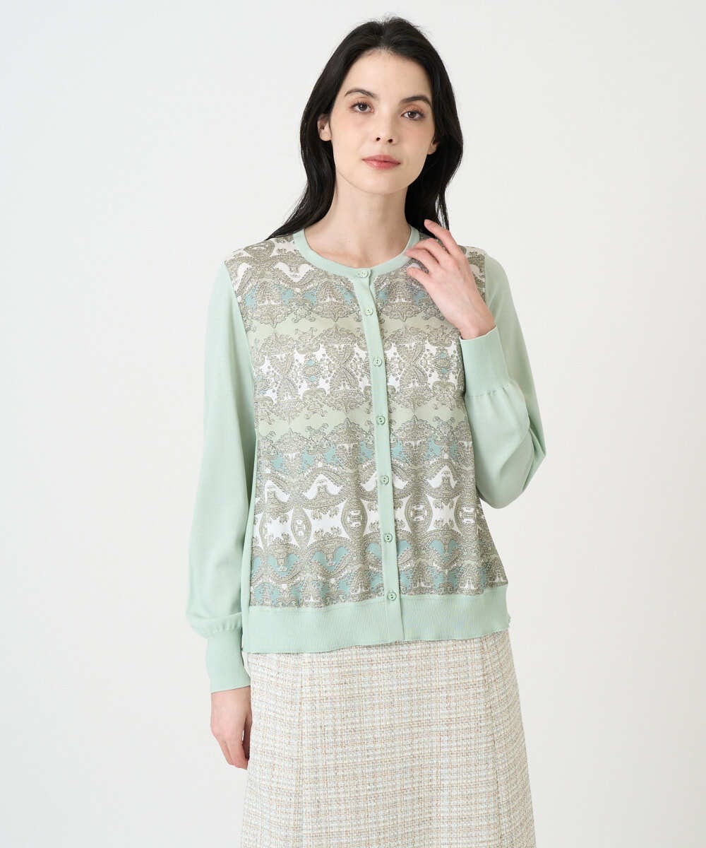 PRSEE03490 CHRISTIAN AUJARD(クリスチャン・オジャール) [アンサンブル対応]レーシーオーナメントプリントカーディガン グリーン