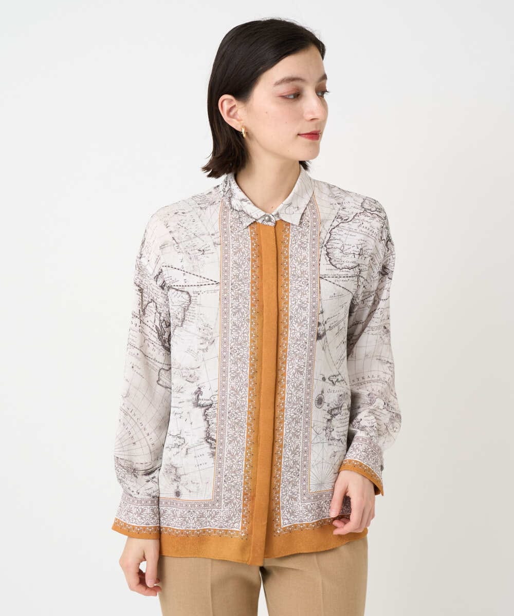 PYBAD32490 CHRISTIAN AUJARD(小さいサイズ)(メゾン ドゥ サンク) アートプリント長袖ブラウス ベージュ×オレンジ