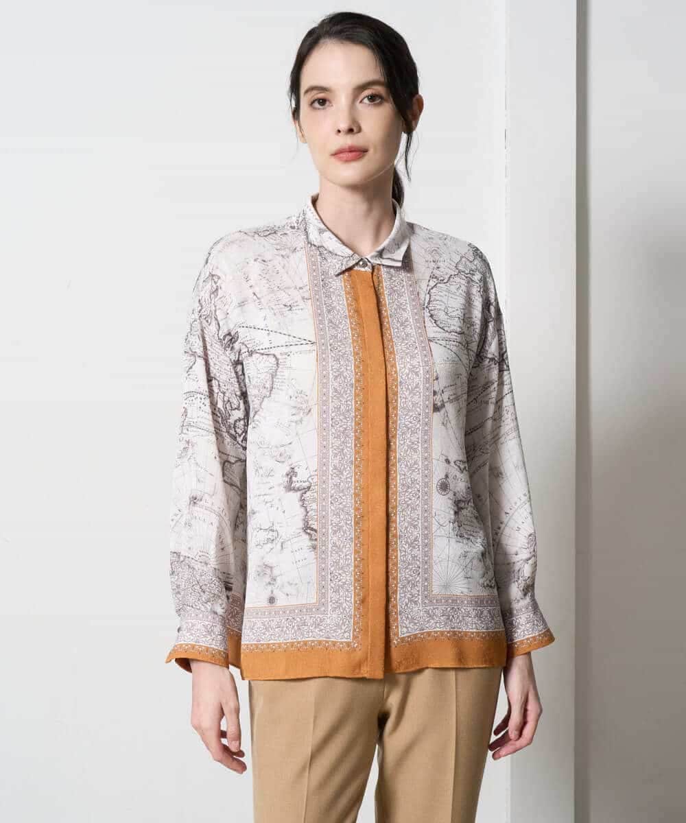 PYBAD32490 CHRISTIAN AUJARD(小さいサイズ)(メゾン ドゥ サンク) アートプリント長袖ブラウス ベージュ×オレンジ