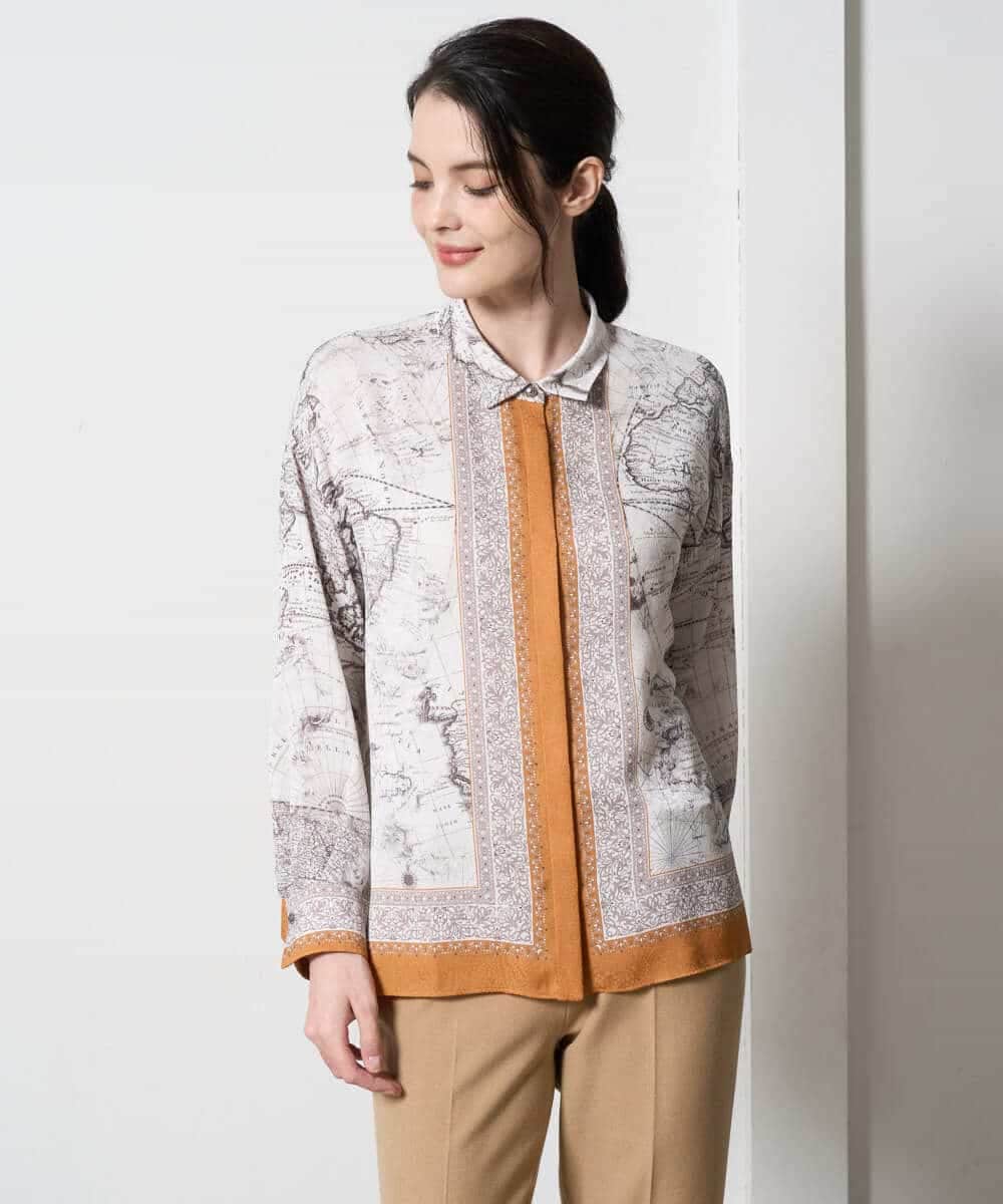 PYBAD32490 CHRISTIAN AUJARD(小さいサイズ)(メゾン ドゥ サンク) アートプリント長袖ブラウス ベージュ×オレンジ