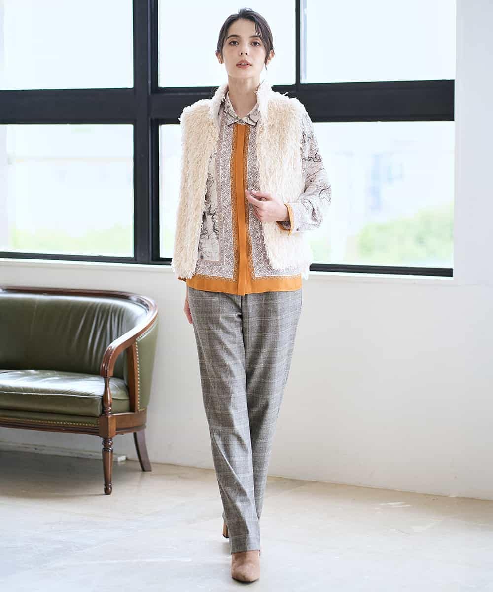 PYBAD32490 CHRISTIAN AUJARD(小さいサイズ)(メゾン ドゥ サンク) アートプリント長袖ブラウス ベージュ×オレンジ