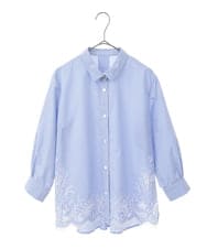 PYBGA32490 CHRISTIAN AUJARD(小さいサイズ)(メゾン ドゥ サンク) カットワーク刺繍ストライプブラウス ブルー