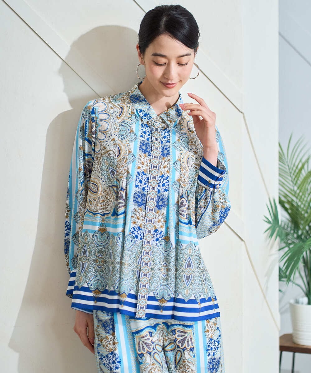 PYBGD25490 CHRISTIAN AUJARD(小さいサイズ)(メゾン ドゥ サンク) マリンブルーペーズリーブラウス ブルー系