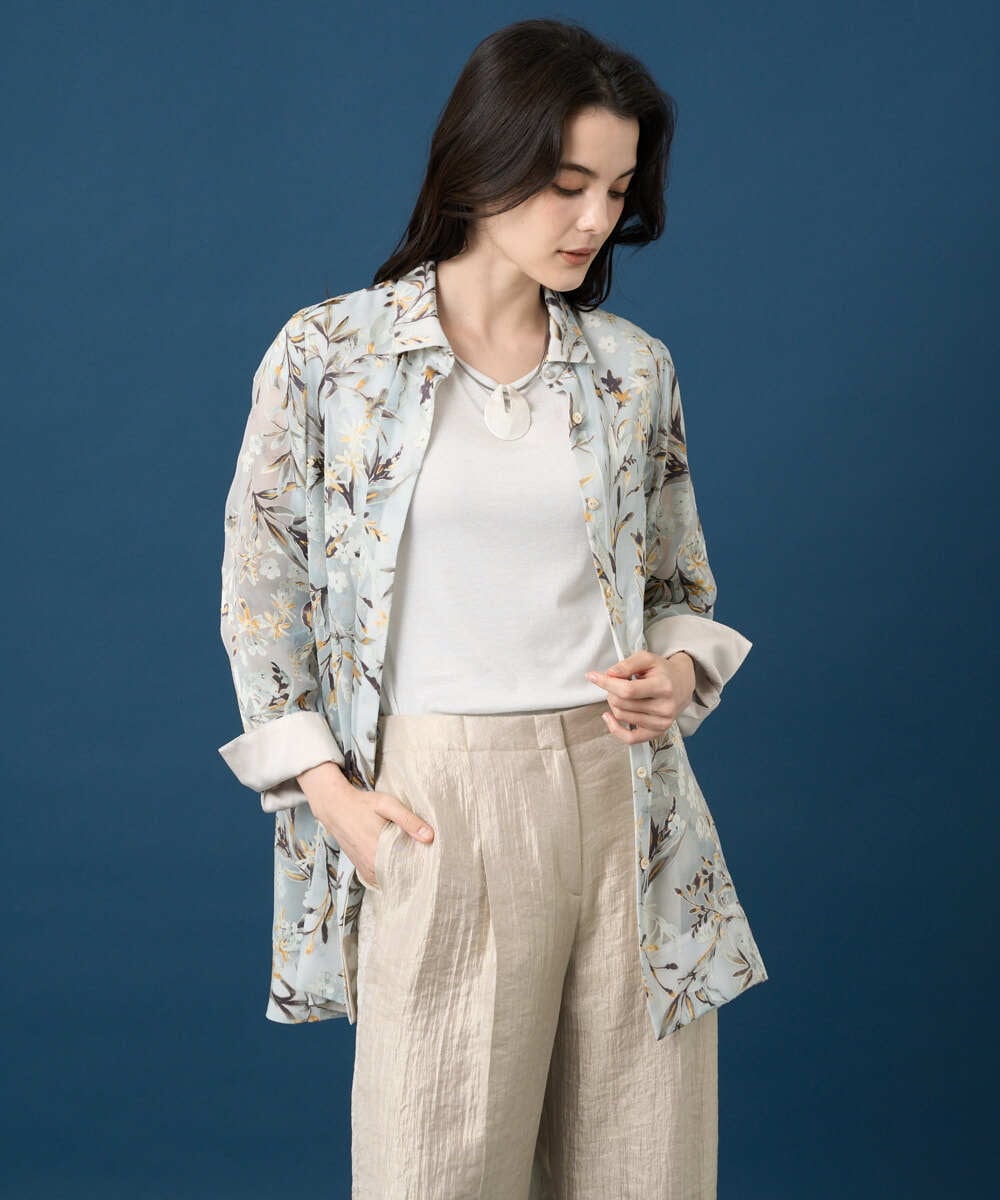 PYBGE02490 CHRISTIAN AUJARD(小さいサイズ)(メゾン ドゥ サンク) フラワープリントシアーブラウス グリーン