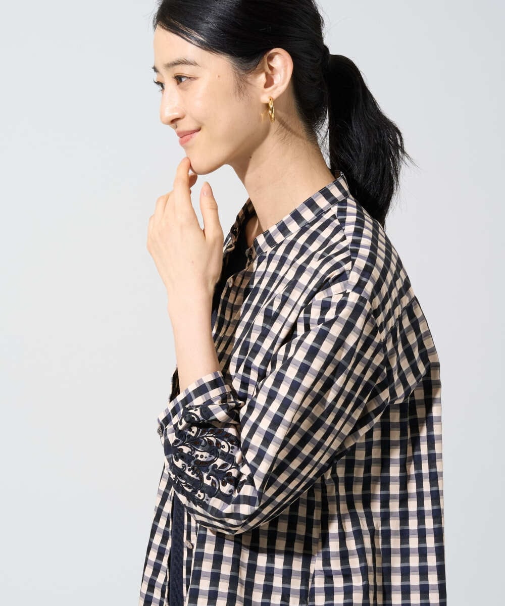 PYBGE09490 CHRISTIAN AUJARD(小さいサイズ)(メゾン ドゥ サンク) [セットアップ対応]シャンブレーチェックブラウス オレンジ×ネイビー系